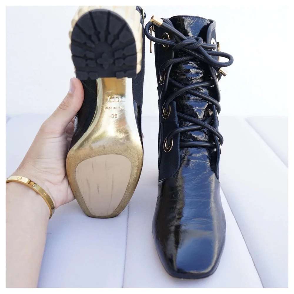 Dior Black Canvas and Crinkled Leather Sculpted Block Heel Ankle Boots Size 38.5 - Picture 8 of 10